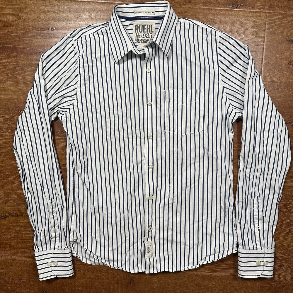 Ruehl No 925 Button Up Shirt Mens L White Blue Stripe Woven Long Sleeve Cotton